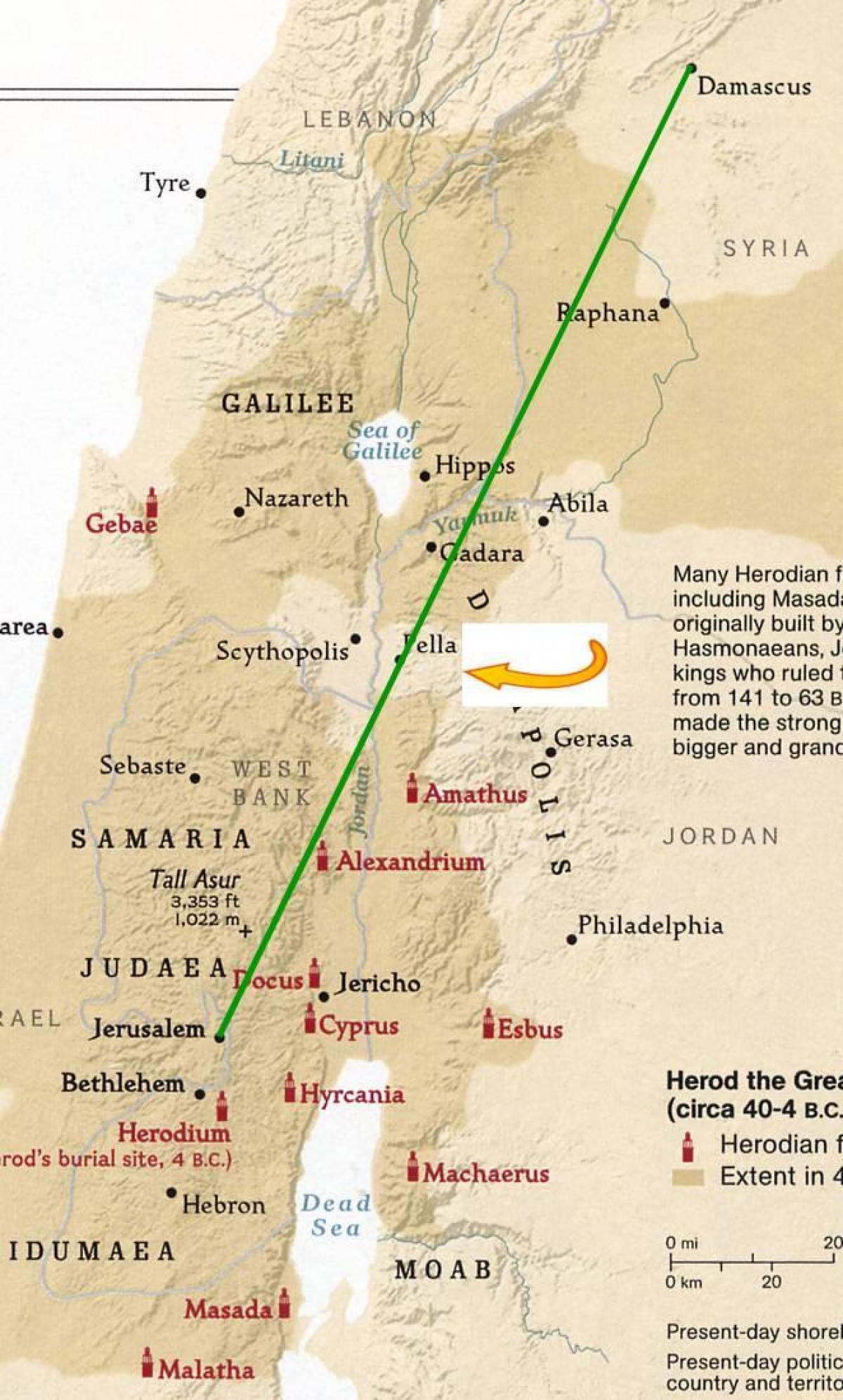 mapa de Jerusalén a damasco