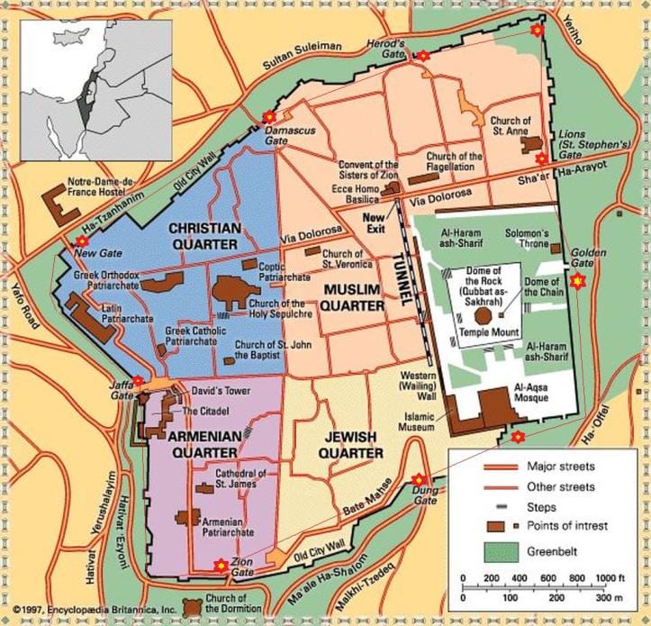 mapa de Jerusalén recorrido a pie