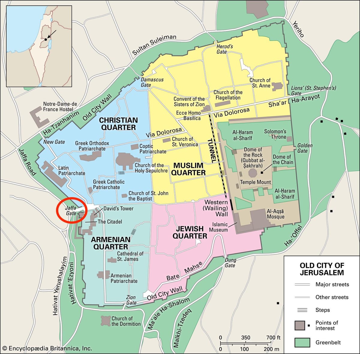 mapa de la puerta de Jaffa a Jerusalén